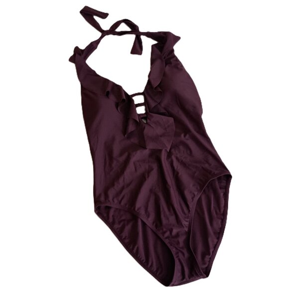 Bleu Rod Beattie Women’s Maroon Plunge Ruffle One Piece Swimsuit NWT Size 10 - Picture 1 of 13
